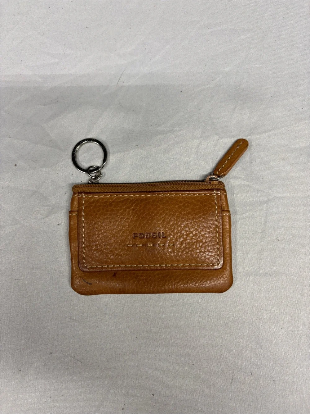 Fossil Cognac Leather Zip Card Wallet with Keyring - Picture 1 of 4